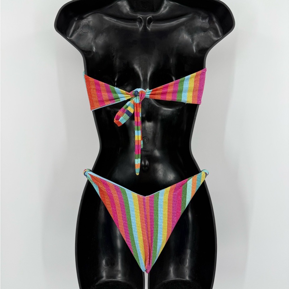 Skatie Cher Bandeau Top & Suzanne Bottom in Metallic Rainbow Stripe | Medium - Picture 3 of 7